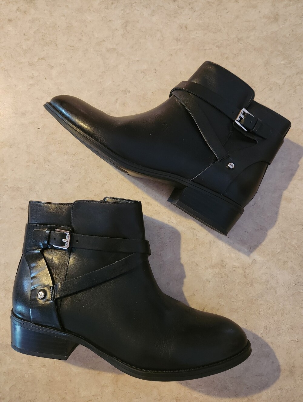 LAUREN Ralph Lauren Black Leather Ankle Booties with Buckle Strap